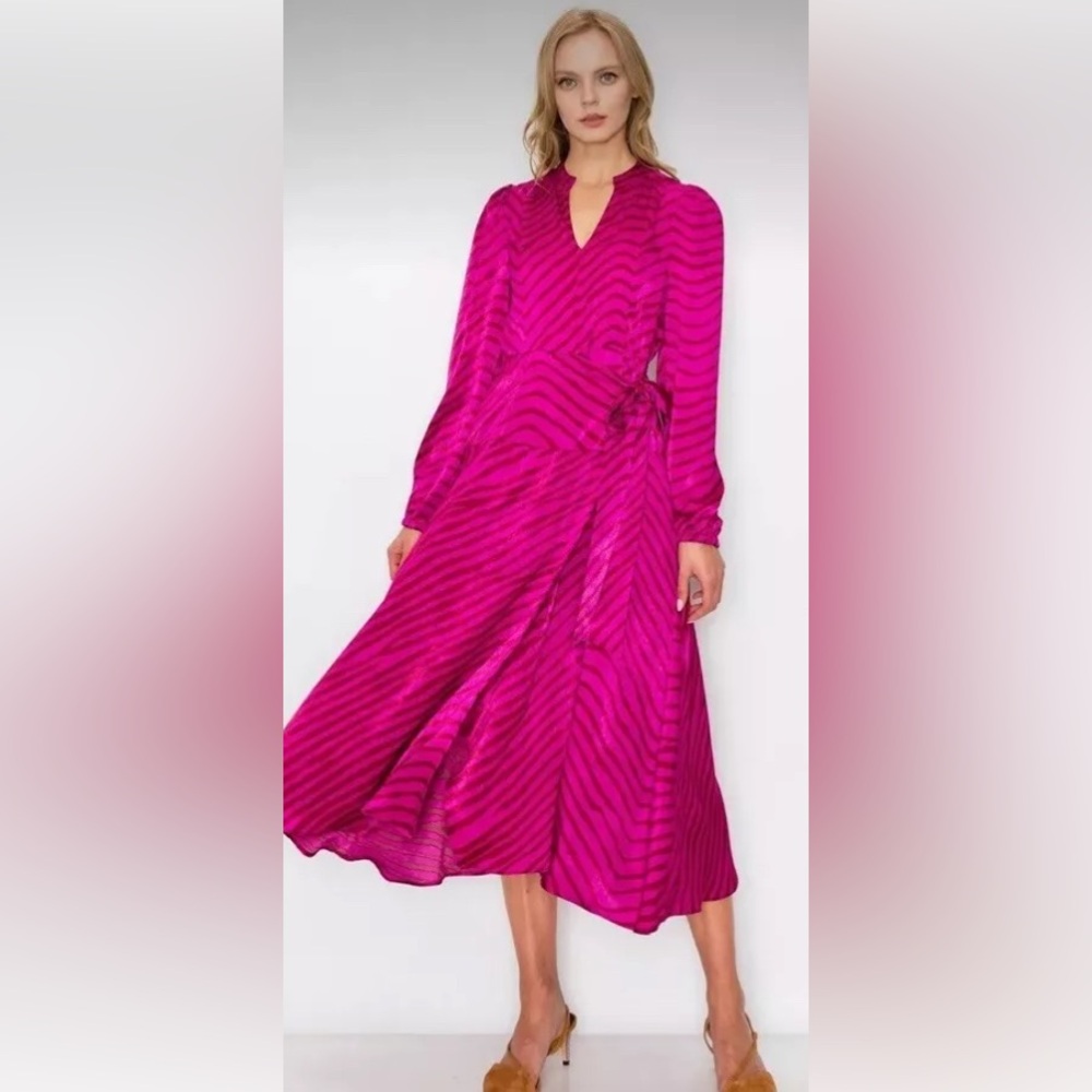 Melloday Satin Ling Sleeve Wrap Midi Dress